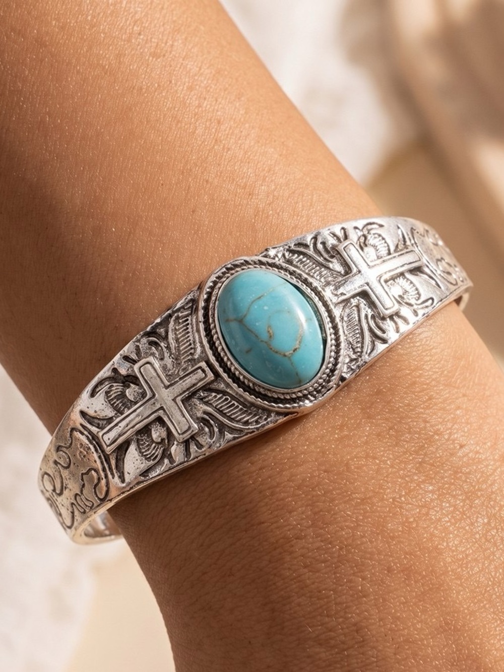 Turquoise Engraved Cross Cuff Bracelet